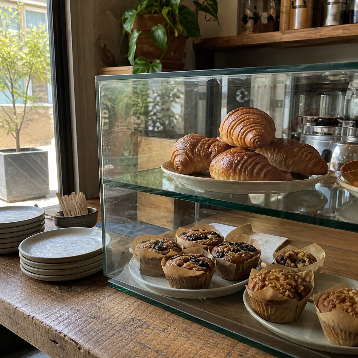 AI-generated concept photograph of a small neighbourhood café pastry counter