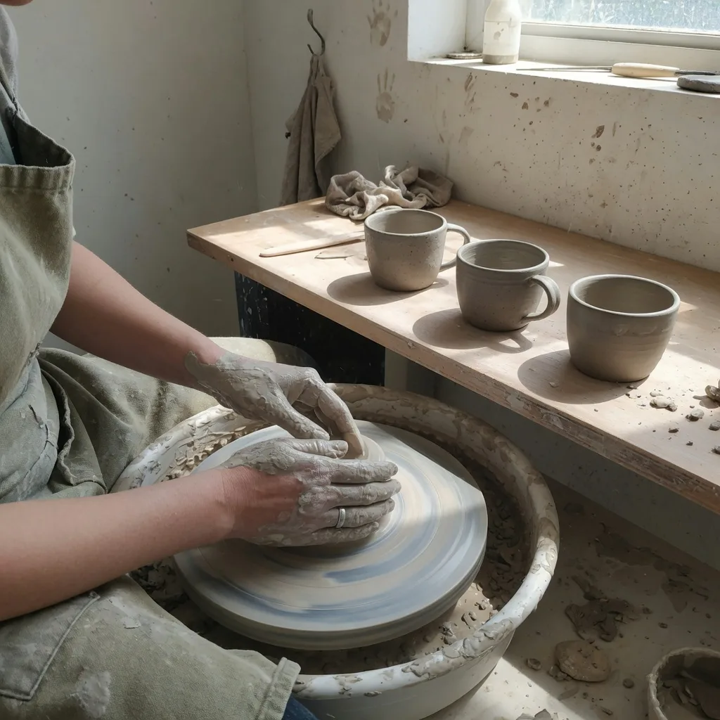 Concept photograph of hands shaping clay on a pottery wheel in a small studio